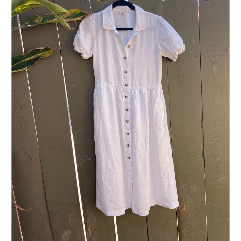 Wilfred Aritzia Linen Dress XS Off White Linen Puff Sleeve Buttons Pockets Airy